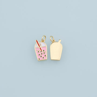 18K Gold Filled Milk Tea Pendant,Enamel Milk Tea Charm Bracelet Necklace for DIY Jewelry Making Supply