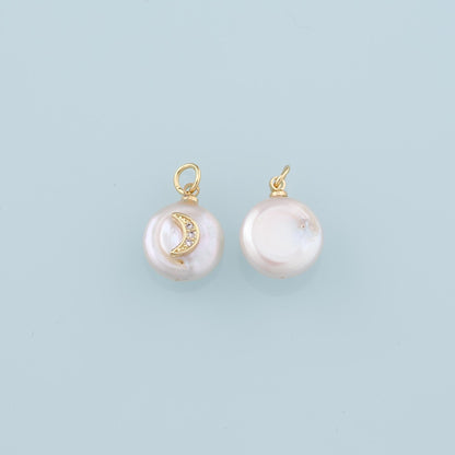 18K Gold Filled Pearl Moon Pendant,CZ Micro Pave Moon Charm Bracelet Necklace for DIY Jewelry Making Supply