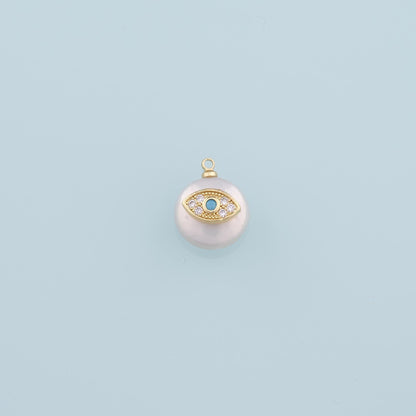 18K Gold Filled Pearl Evil Eye Pendant,CZ Micro Pave Evil Eye Charm Bracelet Necklace for DIY Jewelry Making Supply