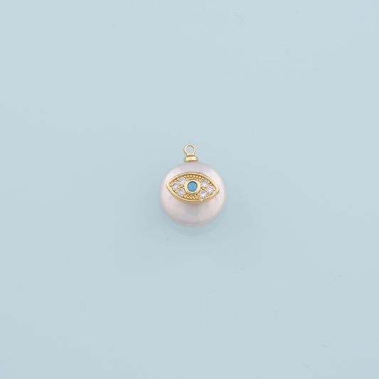18K Gold Filled Pearl Evil Eye Pendant,CZ Micro Pave Evil Eye Charm Bracelet Necklace for DIY Jewelry Making Supply