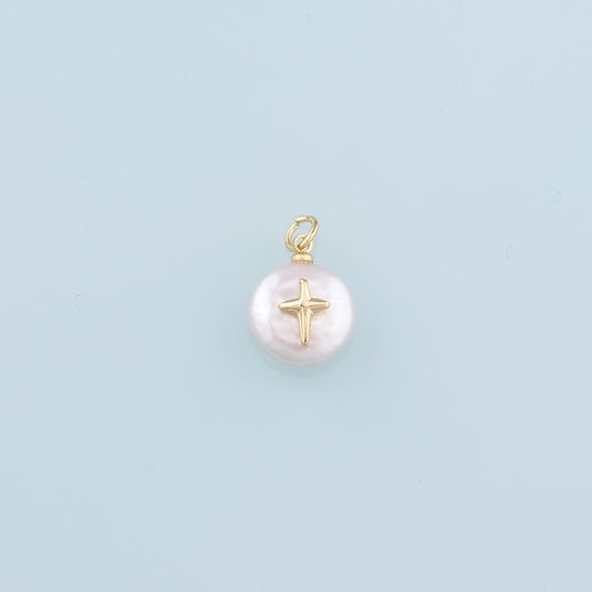 18K Gold Filled Pearl Cross Pendant,Dainty Cross Charm Bracelet Necklace for DIY Jewelry Making Supply