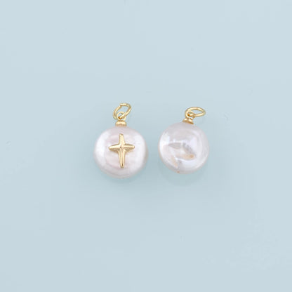 18K Gold Filled Pearl Cross Pendant,Dainty Cross Charm Bracelet Necklace for DIY Jewelry Making Supply