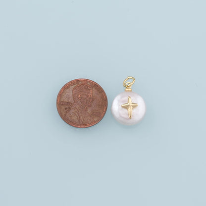 18K Gold Filled Pearl Cross Pendant,Dainty Cross Charm Bracelet Necklace for DIY Jewelry Making Supply