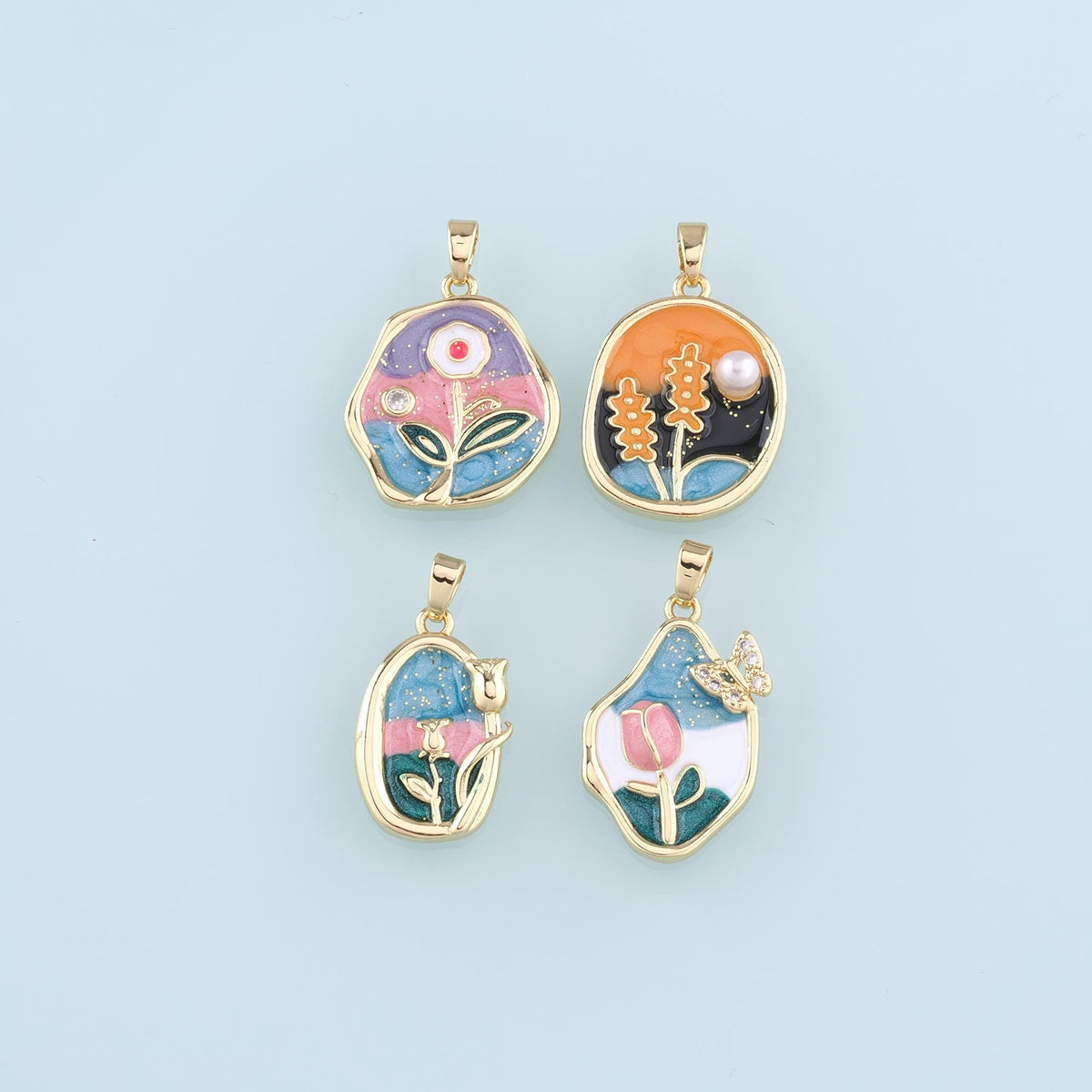 Gold Flower Charms,18K Gold Filled Flower Pendant,Enamel Flower Charm Bracelet Necklace for DIY Jewelry Making Supply