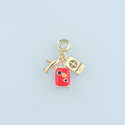 18K Gold Filled Airplane Pendant,Enamel Suitcase Passport Charm Bracelet Necklace for DIY Jewelry Making Supply
