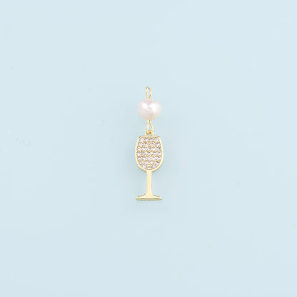 Gold Wine Glass Charms,18K Gold Filled Pearl Wine Glass Pendant,CZ Wine Glass Charm Bracelet Necklace for DIY Jewelry Making 