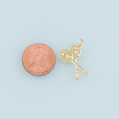 18K Gold Filled Badminton Racket Pendant,CZ Badminton Charm Bracelet Necklace for DIY Jewelry Making Supply