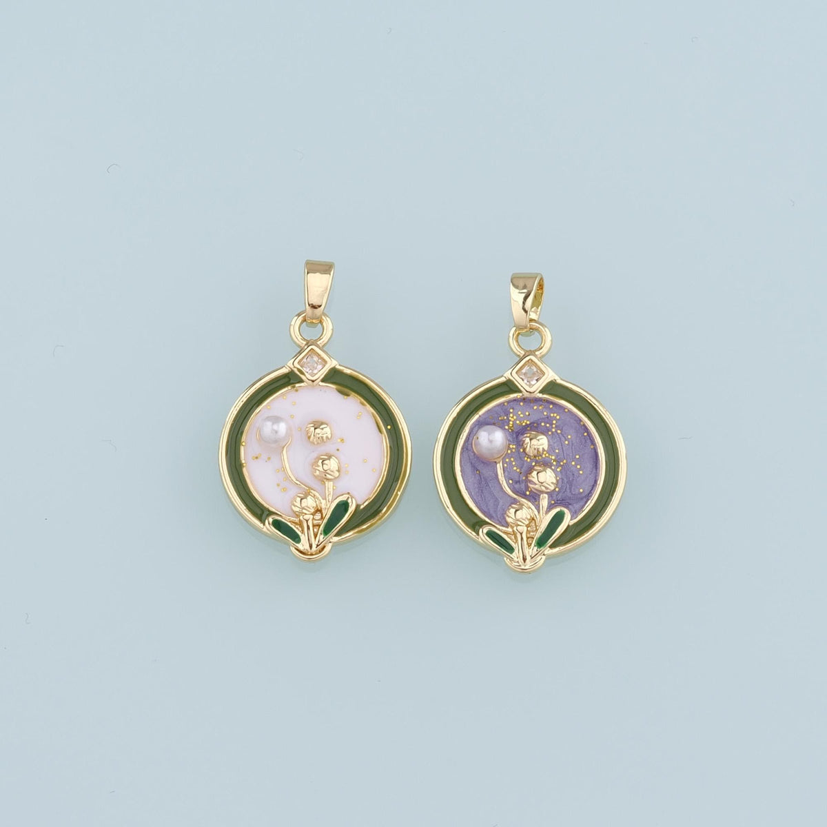 Gold Flower Charms,18K Gold Filled Pearl Flower Pendant,Enamel Flower Charm Bracelet Necklace for DIY Jewelry Making Supply