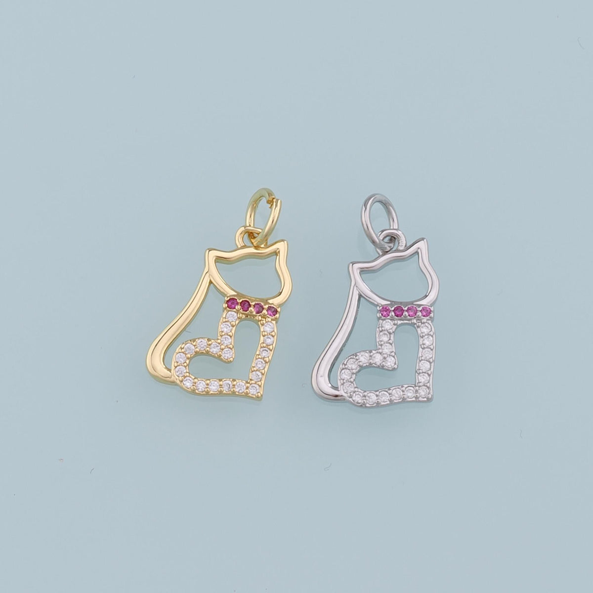 Gold Cat Charms,18K Gold Filled Heart Cat Pendant,CZ Micro Pave Cat Charm Bracelet Necklace for DIY Jewelry Making Supply