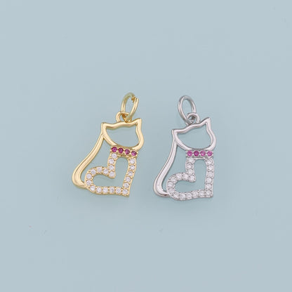 Gold Cat Charms,18K Gold Filled Heart Cat Pendant,CZ Micro Pave Cat Charm Bracelet Necklace for DIY Jewelry Making Supply