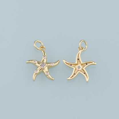 18K Gold Filled Starfish Pendant,CZ Starfish Charm Bracelet Necklace for DIY Jewelry Making Supply