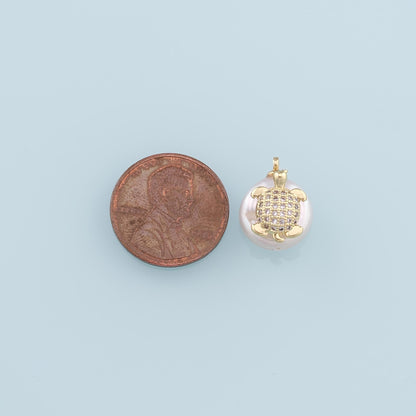 18K Gold Filled Pearl Turtle Pendant,CZ Micro Pave Turtle Charm Bracelet Necklace for DIY Jewelry Making Supply
