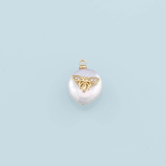 18K Gold Filled Pearl Bee Pendant,CZ Micro Pave Bee Charm Bracelet Necklace for DIY Jewelry Making Supply