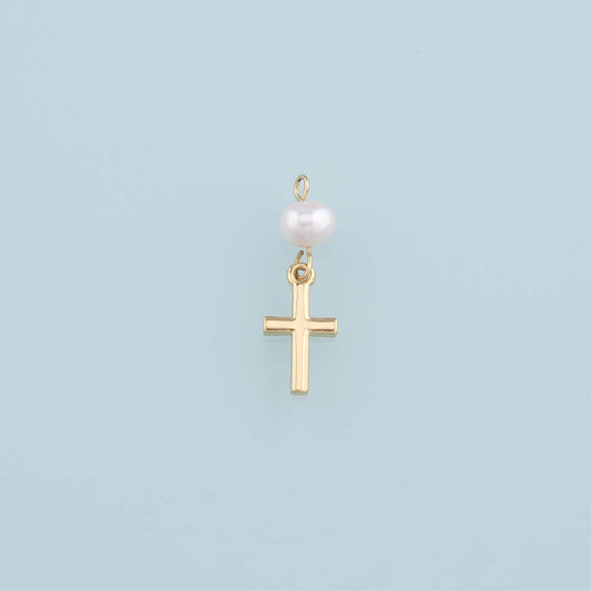 18K Gold Filled Pearl Cross Pendant,Dainty Cross Charm Bracelet Necklace for DIY Jewelry Making Supply