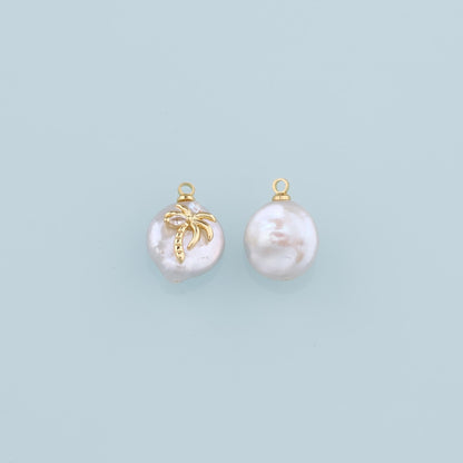 18K Gold Filled Pearl Palm Tree Pendant,Dainty Palm Tree Charm Bracelet Necklace for DIY Jewelry Making Supply
