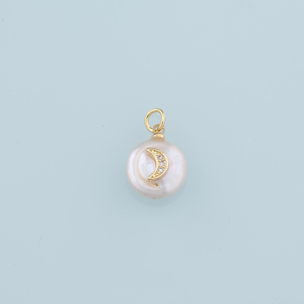 18K Gold Filled Pearl Moon Pendant,CZ Micro Pave Moon Charm Bracelet Necklace for DIY Jewelry Making Supply