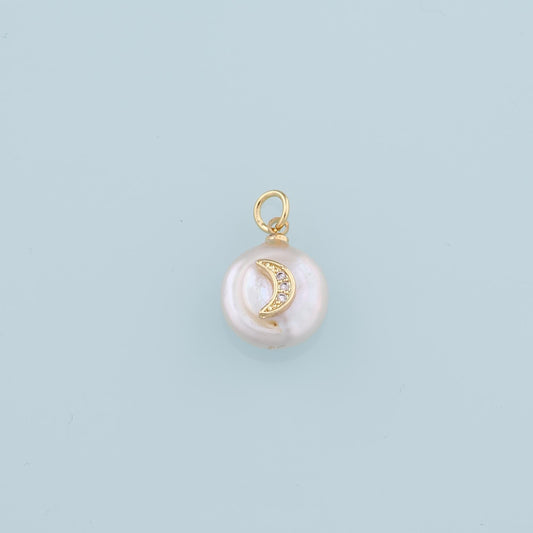 18K Gold Filled Pearl Moon Pendant,CZ Micro Pave Moon Charm Bracelet Necklace for DIY Jewelry Making Supply