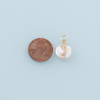 18K Gold Filled Pearl Moon Pendant,CZ Micro Pave Moon Charm Bracelet Necklace for DIY Jewelry Making Supply
