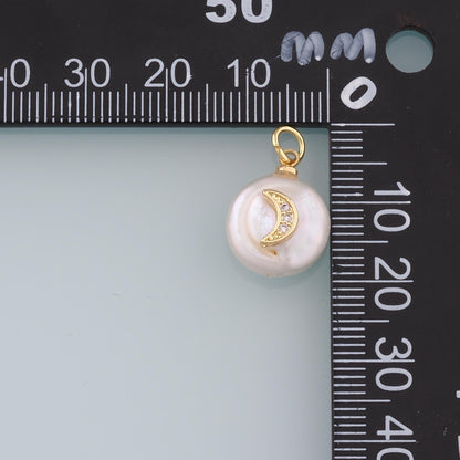 18K Gold Filled Pearl Moon Pendant,CZ Micro Pave Moon Charm Bracelet Necklace for DIY Jewelry Making Supply