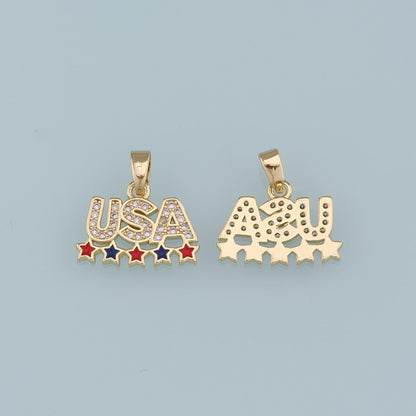 18K Gold Filled CZ Micro Pave USA Letter Pendant,Enamel Star Charm Bracelet Necklace for DIY Jewelry Making Supply
