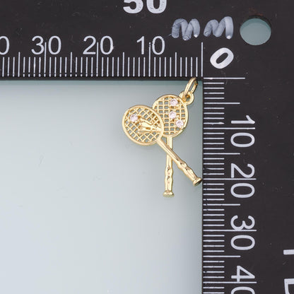 18K Gold Filled Badminton Racket Pendant,CZ Badminton Charm Bracelet Necklace for DIY Jewelry Making Supply