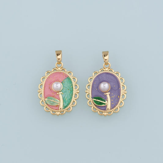 Gold Flower Charms,18K Gold Filled Oval Pearl Flower Pendant,Enamel Flower Charm Bracelet Necklace for DIY Jewelry Making Sup