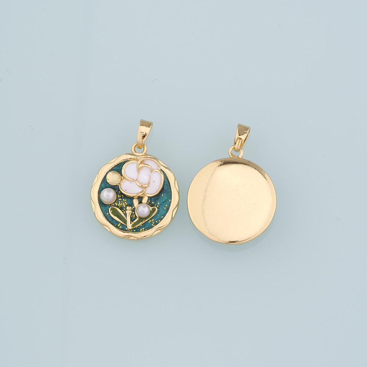 Gold Flower Charms,18K Gold Filled Round Pearl Flower Pendant,Enamel Flower Charm Bracelet Necklace for DIY Jewelry Making Su