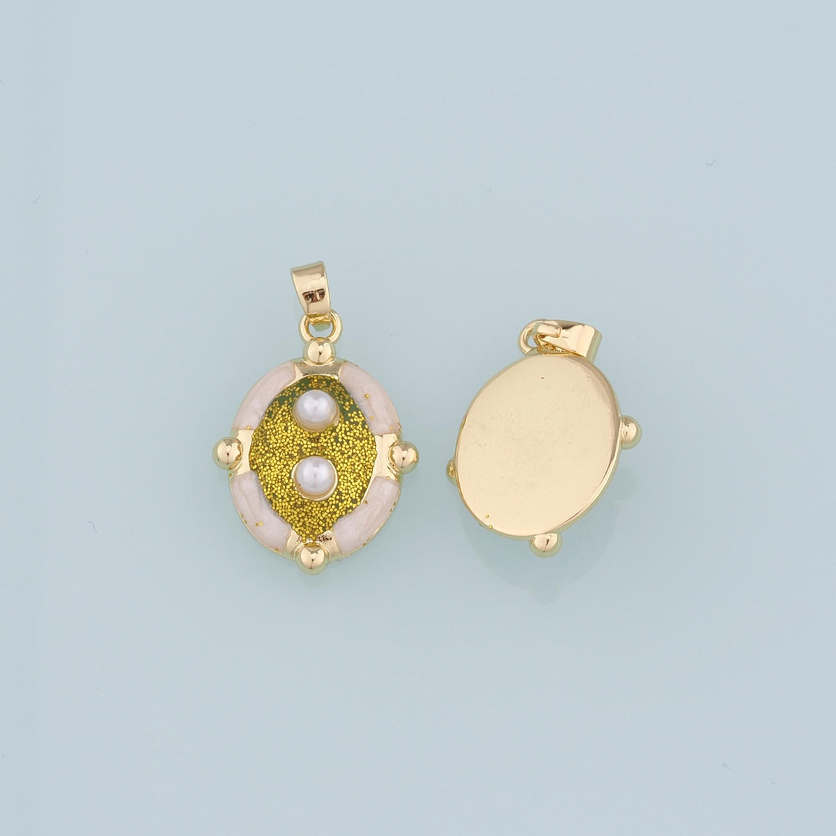 18K Gold Filled Pearl Oval Pendant,Enamel Oval Charm Bracelet Necklace for DIY Jewelry Making Supply