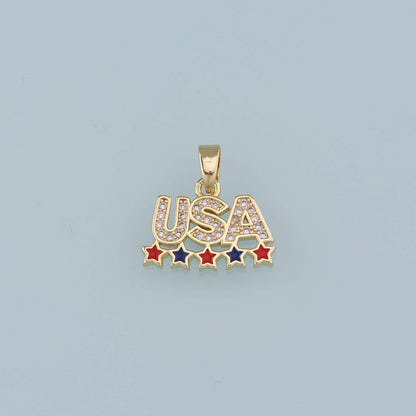 18K Gold Filled CZ Micro Pave USA Letter Pendant,Enamel Star Charm Bracelet Necklace for DIY Jewelry Making Supply