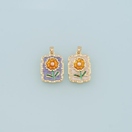 18K Gold Filled Pearl Sunflower Pendant,Enamel Daisy Charm Bracelet Necklace for DIY Jewelry Making Supply