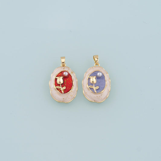 18K Gold Filled Pearl Tulip Pendant,Enamel Flower Charm Bracelet Necklace for DIY Jewelry Making Supply