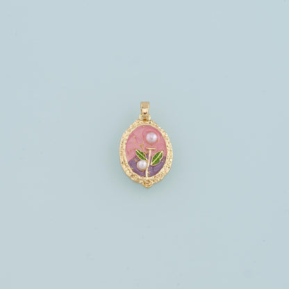 18K Gold Filled Pearl Flower Pendant,Enamel Flower Charm Bracelet Necklace for DIY Jewelry Making Supply