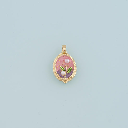 18K Gold Filled Pearl Flower Pendant,Enamel Flower Charm Bracelet Necklace for DIY Jewelry Making Supply