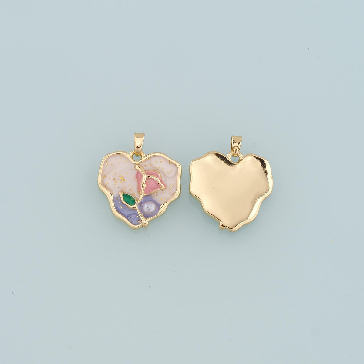 18K Gold Filled Heart Flower Pendant,Enamel Flower Charm Bracelet Necklace for DIY Jewelry Making Supply