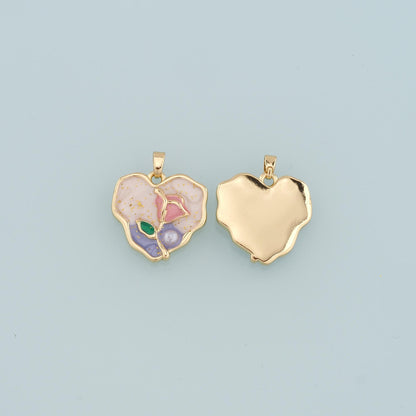 18K Gold Filled Heart Flower Pendant,Enamel Flower Charm Bracelet Necklace for DIY Jewelry Making Supply