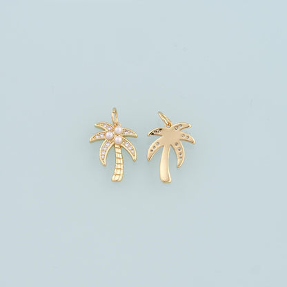 18K Gold Filled Pearl Palm Tree Pendant,CZ Micro Pave Palm Tree Charm Bracelet Necklace for DIY Jewelry Making Supply