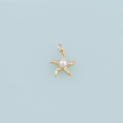 18K Gold Filled Pearl Starfish Pendant,CZ Micro Pave Starfish Charm Bracelet Necklace for DIY Jewelry Making Supply