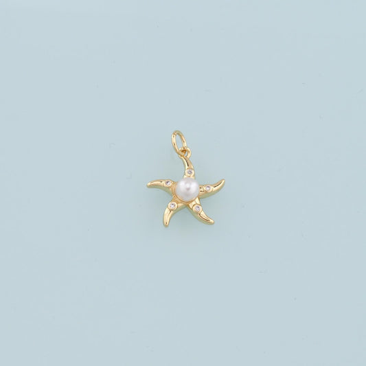 18K Gold Filled Pearl Starfish Pendant,CZ Micro Pave Starfish Charm Bracelet Necklace for DIY Jewelry Making Supply