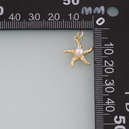 18K Gold Filled Pearl Starfish Pendant,CZ Micro Pave Starfish Charm Bracelet Necklace for DIY Jewelry Making Supply