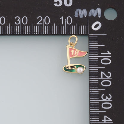 18K Gold Filled Pearl Golf Pendant,Enamel Golf Flag Charm Bracelet Necklace for DIY Jewelry Making Supply