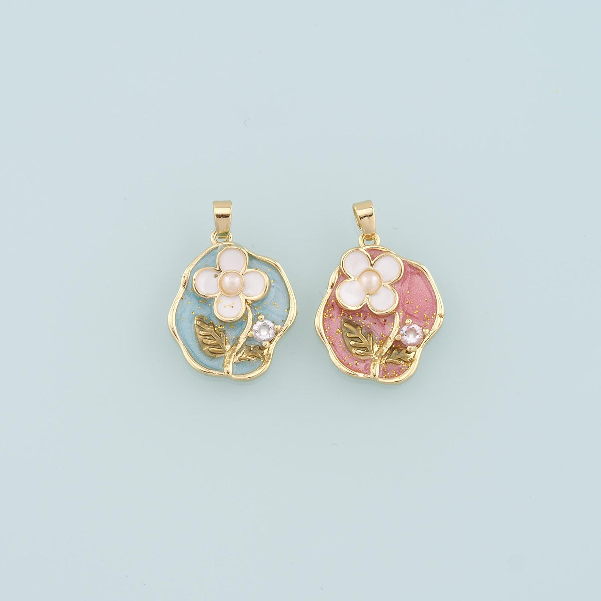 Gold Flower Charms,18K Gold Filled Pearl Flower Pendant,Enamel Flower Charm Bracelet Necklace for DIY Jewelry Making Supply