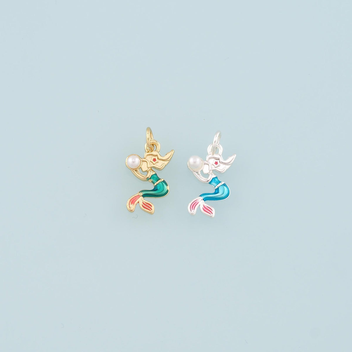 Gold Mermaid Charms,18K Gold Filled Pearl Mermaid Pendant,Enamel Mermaid Charm Bracelet Necklace for DIY Jewelry Making Suppl