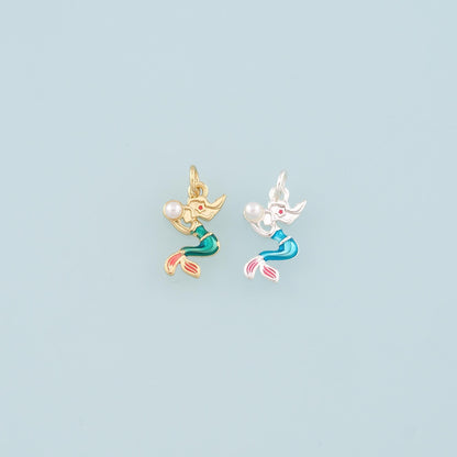 Gold Mermaid Charms,18K Gold Filled Pearl Mermaid Pendant,Enamel Mermaid Charm Bracelet Necklace for DIY Jewelry Making Suppl