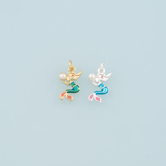 Gold Mermaid Charms,18K Gold Filled Pearl Mermaid Pendant,Enamel Mermaid Charm Bracelet Necklace for DIY Jewelry Making Suppl