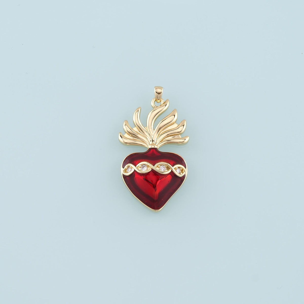18K Gold Filled Flame Sacred heart Pendant,CZ Micro Pave Religion Charm Bracelet Necklace for DIY Jewelry Making Supply