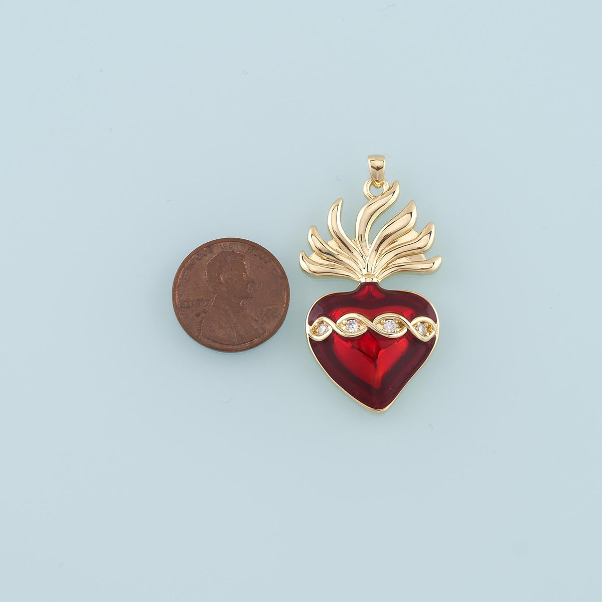 18K Gold Filled Flame Sacred heart Pendant,CZ Micro Pave Religion Charm Bracelet Necklace for DIY Jewelry Making Supply