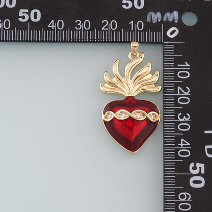 18K Gold Filled Flame Sacred heart Pendant,CZ Micro Pave Religion Charm Bracelet Necklace for DIY Jewelry Making Supply