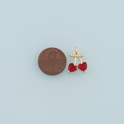 Gold Cherry Charms,18K Gold Filled Heart Cherry Pendant,CZ Micro Pave Fruit Charm Bracelet Necklace for DIY Jewelry Making Su