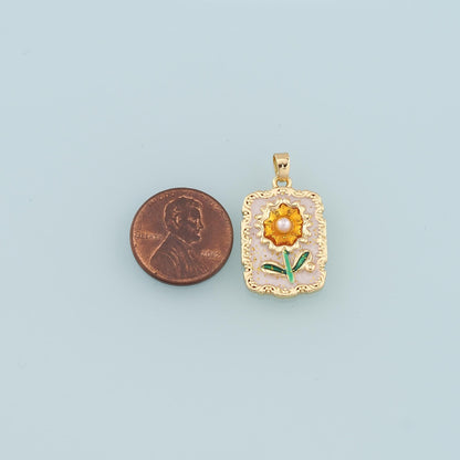 18K Gold Filled Pearl Sunflower Pendant,Enamel Daisy Charm Bracelet Necklace for DIY Jewelry Making Supply