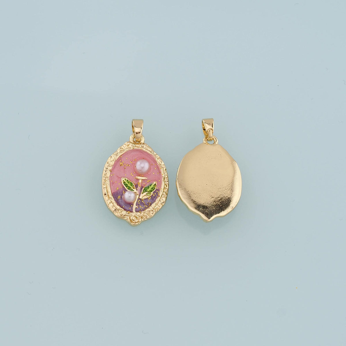 18K Gold Filled Pearl Flower Pendant,Enamel Flower Charm Bracelet Necklace for DIY Jewelry Making Supply